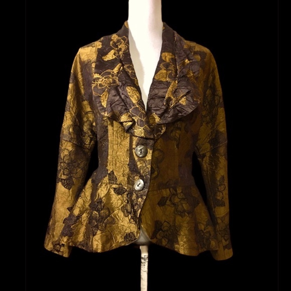 Anthropologie People Like Frank Bronze Embroidered Rose Peplum Jacket.